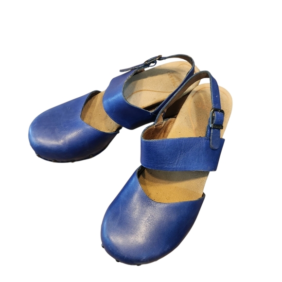Dansko Women’s 36 Blue Leather Thea Strappy Heeled Clog Sandals - Picture 2 of 9